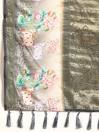 Gray Kanjeevaram Silk Digital Print Geomatric Saree with Unstitched Blouse - Hiral Fashion | Grocsy