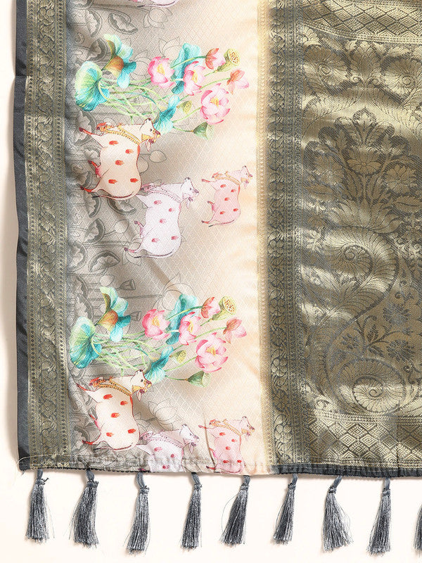 Gray Kanjeevaram Silk Digital Print Geomatric Saree with Unstitched Blouse - Hiral Fashion | Grocsy