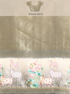 Gray Kanjeevaram Silk Digital Print Geomatric Saree with Unstitched Blouse - Hiral Fashion | Grocsy