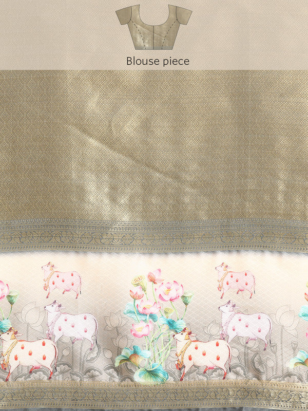 Gray Kanjeevaram Silk Digital Print Geomatric Saree with Unstitched Blouse - Hiral Fashion | Grocsy