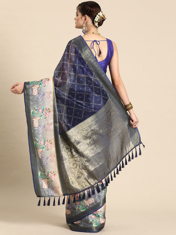 Navy Blue Kanjeevaram Silk Digital Print Geomatric Saree with Unstitched Blouse - Hiral Fashion | Grocsy