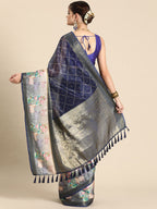 Navy Blue Kanjeevaram Silk Digital Print Geomatric Saree with Unstitched Blouse - Hiral Fashion | Grocsy