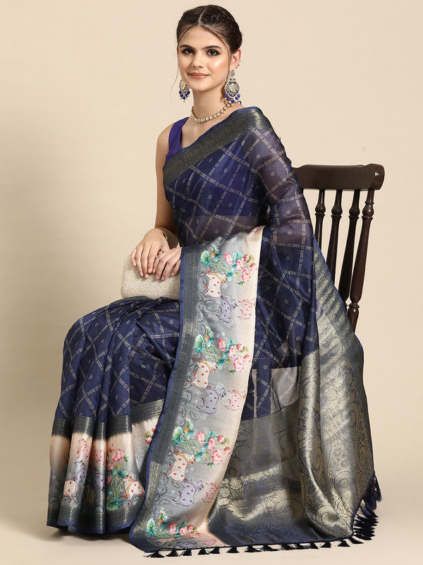 Navy Blue Kanjeevaram Silk Digital Print Geomatric Saree with Unstitched Blouse - Hiral Fashion | Grocsy