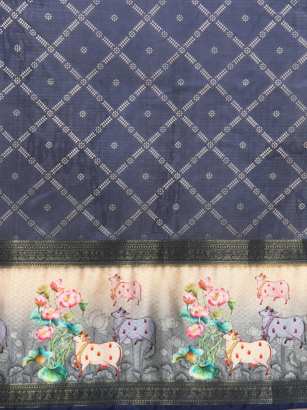 Navy Blue Kanjeevaram Silk Digital Print Geomatric Saree with Unstitched Blouse - Hiral Fashion | Grocsy