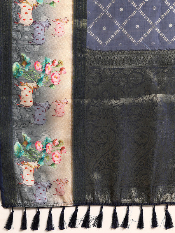 Navy Blue Kanjeevaram Silk Digital Print Geomatric Saree with Unstitched Blouse - Hiral Fashion | Grocsy