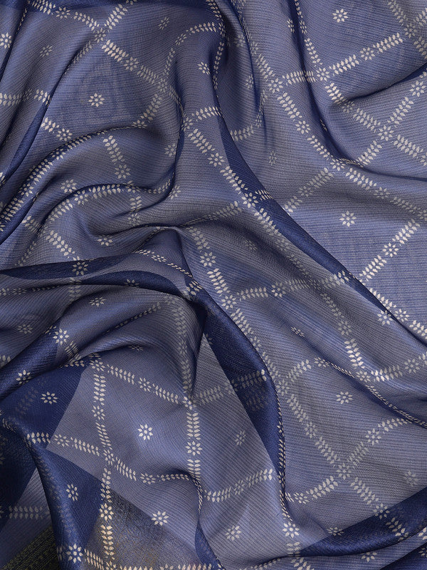 Navy Blue Kanjeevaram Silk Digital Print Geomatric Saree with Unstitched Blouse - Hiral Fashion | Grocsy