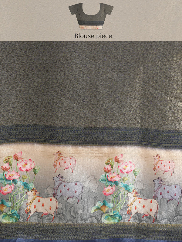 Navy Blue Kanjeevaram Silk Digital Print Geomatric Saree with Unstitched Blouse - Hiral Fashion | Grocsy