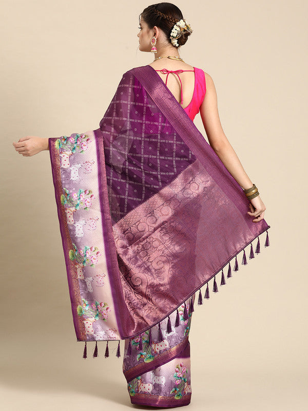 Purple Kanjeevaram Silk Digital Print Geomatric Saree with Unstitched Blouse - Hiral Fashion | Grocsy