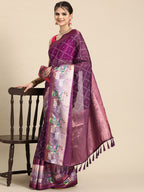 Purple Kanjeevaram Silk Digital Print Geomatric Saree with Unstitched Blouse - Hiral Fashion | Grocsy