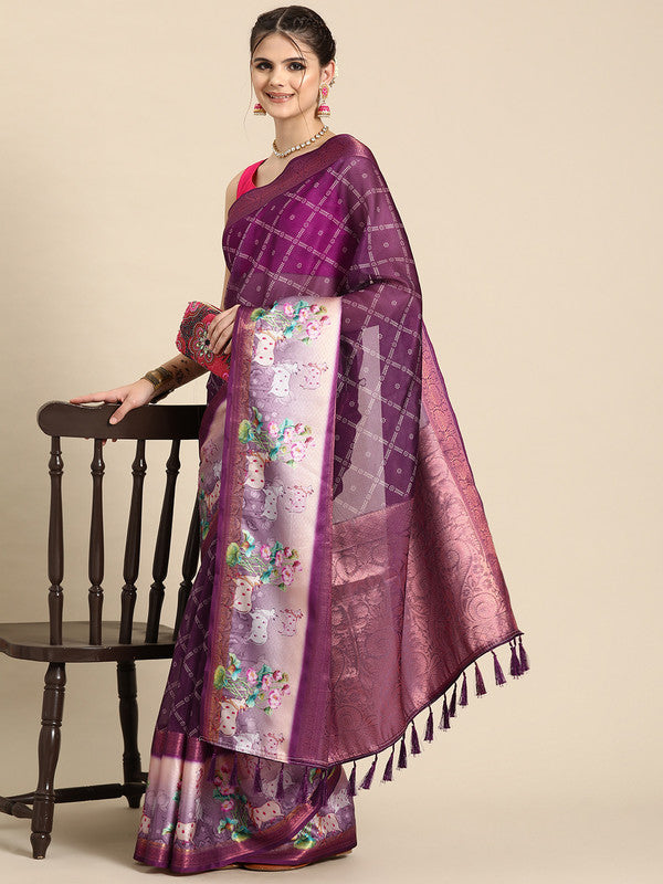 Purple Kanjeevaram Silk Digital Print Geomatric Saree with Unstitched Blouse - Hiral Fashion | Grocsy