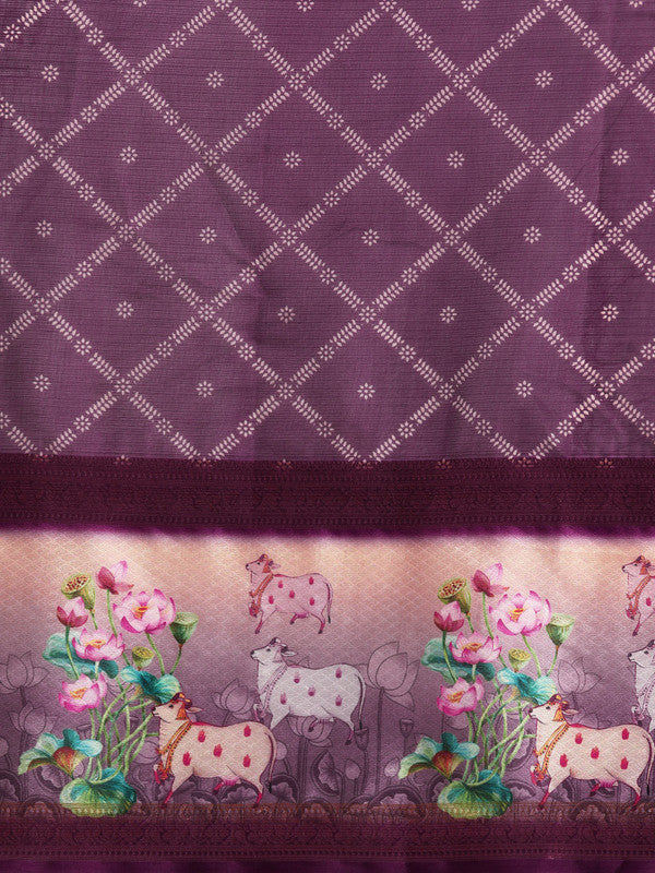 Purple Kanjeevaram Silk Digital Print Geomatric Saree with Unstitched Blouse - Hiral Fashion | Grocsy