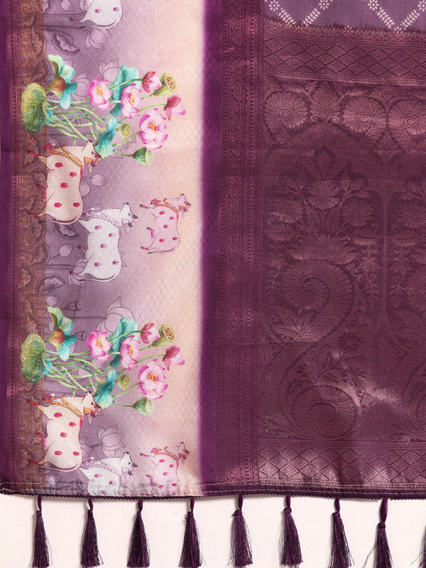 Purple Kanjeevaram Silk Digital Print Geomatric Saree with Unstitched Blouse - Hiral Fashion | Grocsy