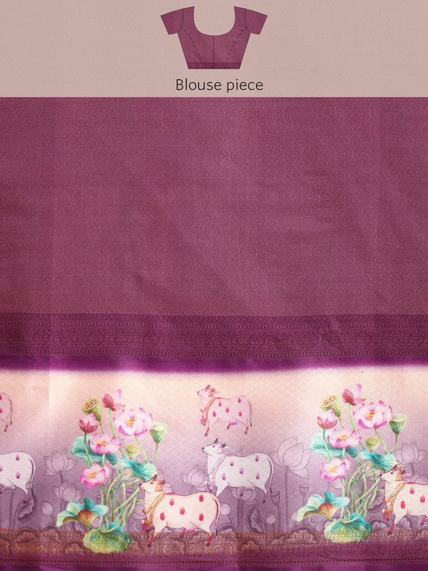 Purple Kanjeevaram Silk Digital Print Geomatric Saree with Unstitched Blouse - Hiral Fashion | Grocsy