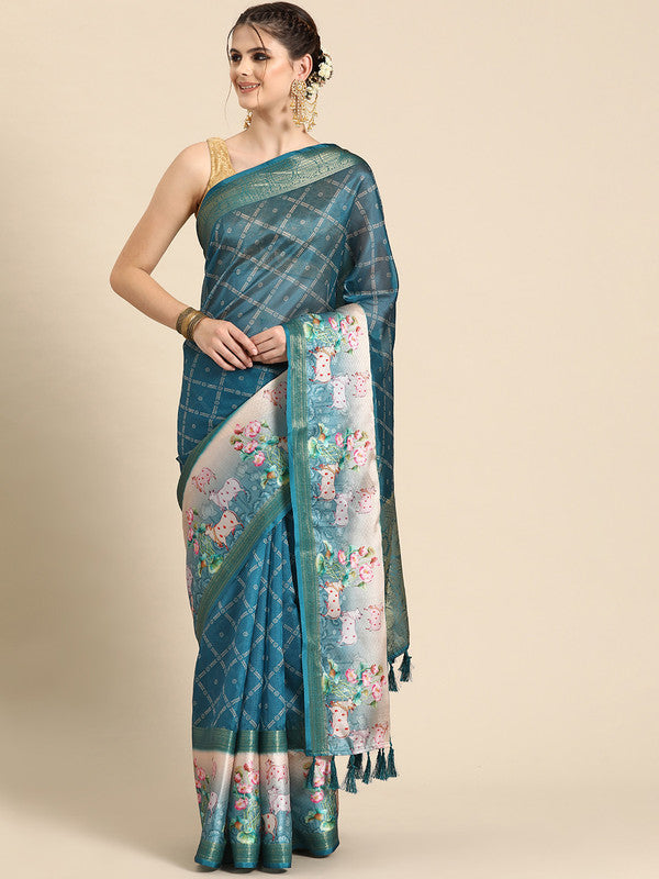 Turquoise Kanjeevaram Silk Digital Print Geomatric Saree with Unstitched Blouse - Hiral Fashion | Grocsy