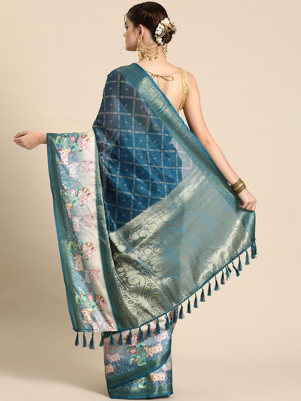 Turquoise Kanjeevaram Silk Digital Print Geomatric Saree with Unstitched Blouse - Hiral Fashion | Grocsy