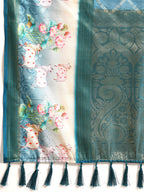 Turquoise Kanjeevaram Silk Digital Print Geomatric Saree with Unstitched Blouse - Hiral Fashion | Grocsy