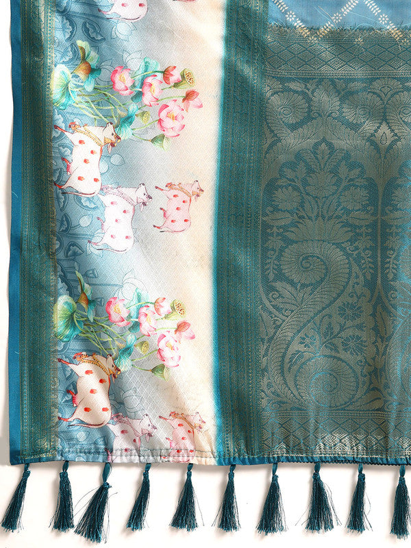 Turquoise Kanjeevaram Silk Digital Print Geomatric Saree with Unstitched Blouse - Hiral Fashion | Grocsy