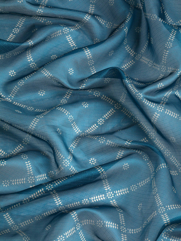 Turquoise Kanjeevaram Silk Digital Print Geomatric Saree with Unstitched Blouse - Hiral Fashion | Grocsy