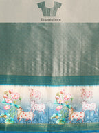 Turquoise Kanjeevaram Silk Digital Print Geomatric Saree with Unstitched Blouse - Hiral Fashion | Grocsy