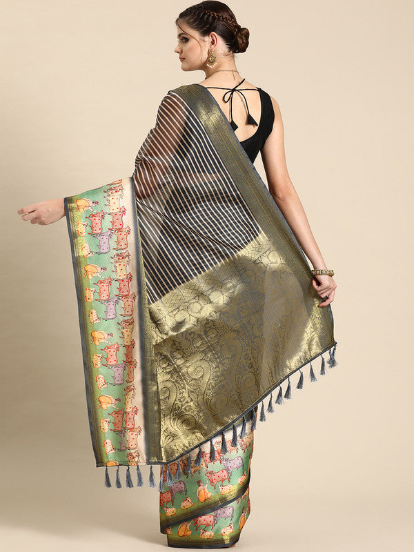 Gray Kanjeevaram Silk Digital Print Striped Saree with Unstitched Blouse - Hiral Fashion | Grocsy