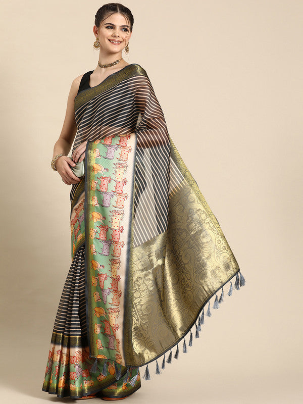 Gray Kanjeevaram Silk Digital Print Striped Saree with Unstitched Blouse - Hiral Fashion | Grocsy