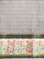 Gray Kanjeevaram Silk Digital Print Striped Saree with Unstitched Blouse - Hiral Fashion | Grocsy