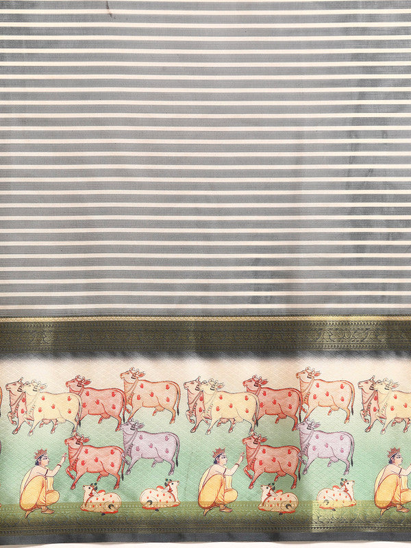 Gray Kanjeevaram Silk Digital Print Striped Saree with Unstitched Blouse - Hiral Fashion | Grocsy