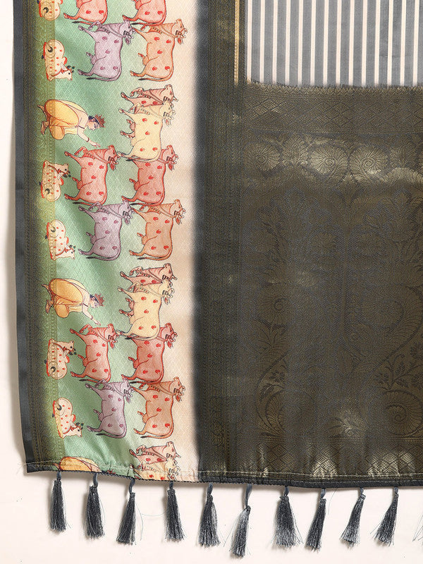 Gray Kanjeevaram Silk Digital Print Striped Saree with Unstitched Blouse - Hiral Fashion | Grocsy