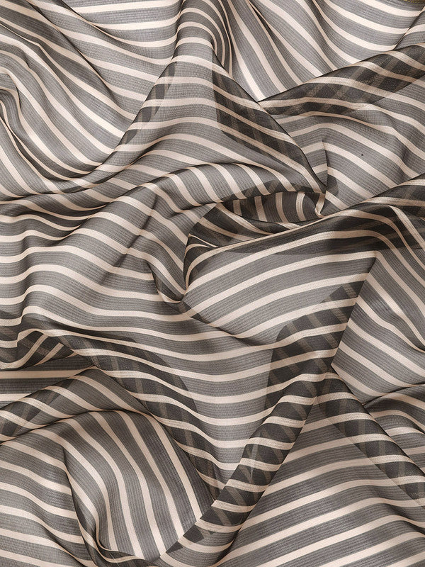 Gray Kanjeevaram Silk Digital Print Striped Saree with Unstitched Blouse - Hiral Fashion | Grocsy