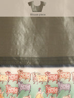 Gray Kanjeevaram Silk Digital Print Striped Saree with Unstitched Blouse - Hiral Fashion | Grocsy