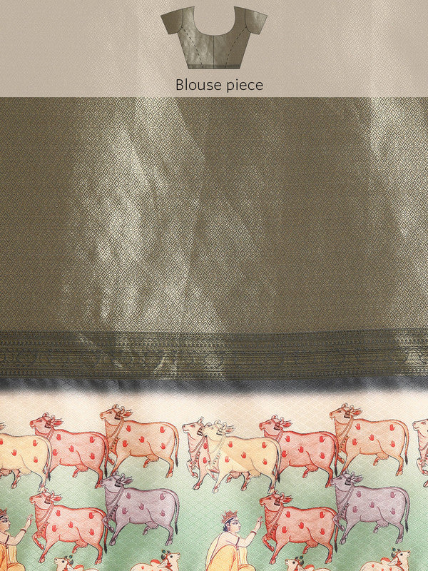 Gray Kanjeevaram Silk Digital Print Striped Saree with Unstitched Blouse - Hiral Fashion | Grocsy