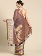 Maroon Kanjeevaram Silk Digital Print Striped Saree with Unstitched Blouse - Hiral Fashion | Grocsy