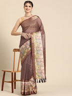 Maroon Kanjeevaram Silk Digital Print Striped Saree with Unstitched Blouse - Hiral Fashion | Grocsy