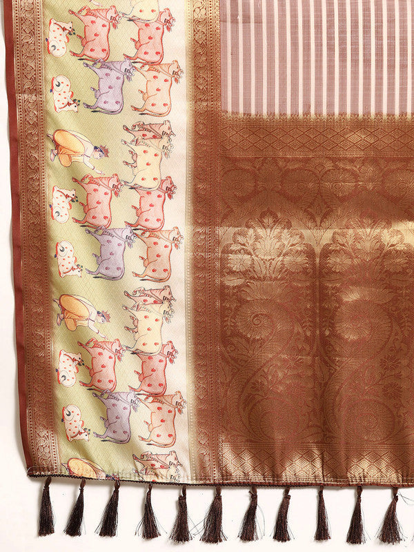 Maroon Kanjeevaram Silk Digital Print Striped Saree with Unstitched Blouse - Hiral Fashion | Grocsy