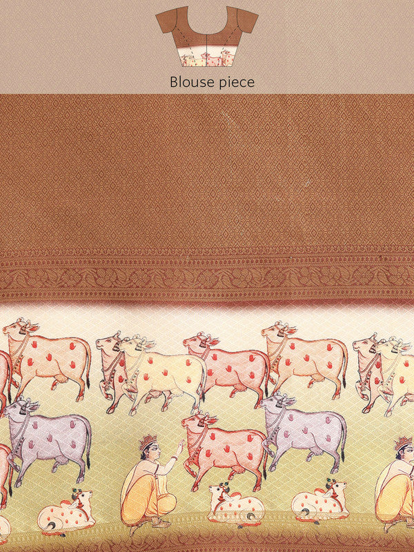 Maroon Kanjeevaram Silk Digital Print Striped Saree with Unstitched Blouse - Hiral Fashion | Grocsy