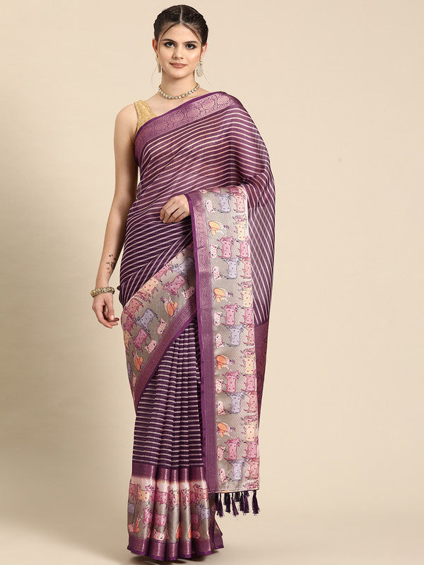 Purple Kanjeevaram Silk Digital Print Striped Saree with Unstitched Blouse - Hiral Fashion | Grocsy