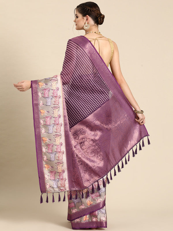 Purple Kanjeevaram Silk Digital Print Striped Saree with Unstitched Blouse - Hiral Fashion | Grocsy