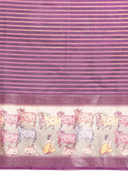 Purple Kanjeevaram Silk Digital Print Striped Saree with Unstitched Blouse - Hiral Fashion | Grocsy