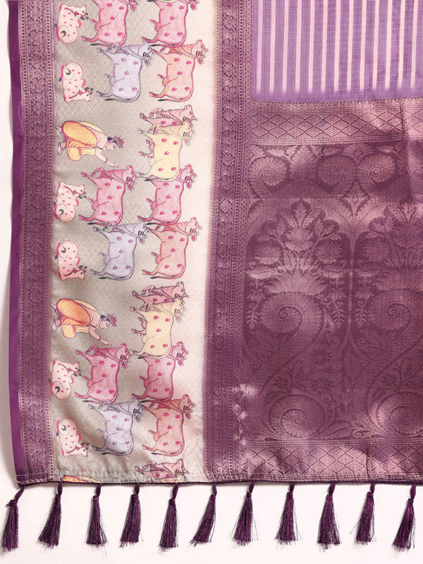 Purple Kanjeevaram Silk Digital Print Striped Saree with Unstitched Blouse - Hiral Fashion | Grocsy
