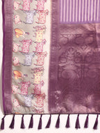 Purple Kanjeevaram Silk Digital Print Striped Saree with Unstitched Blouse - Hiral Fashion | Grocsy