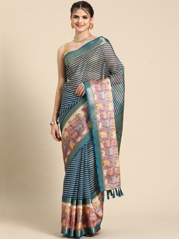 Turquoise Kanjeevaram Silk Digital Print Striped Saree with Unstitched Blouse - Hiral Fashion | Grocsy