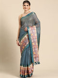 Turquoise Kanjeevaram Silk Digital Print Striped Saree with Unstitched Blouse - Hiral Fashion | Grocsy