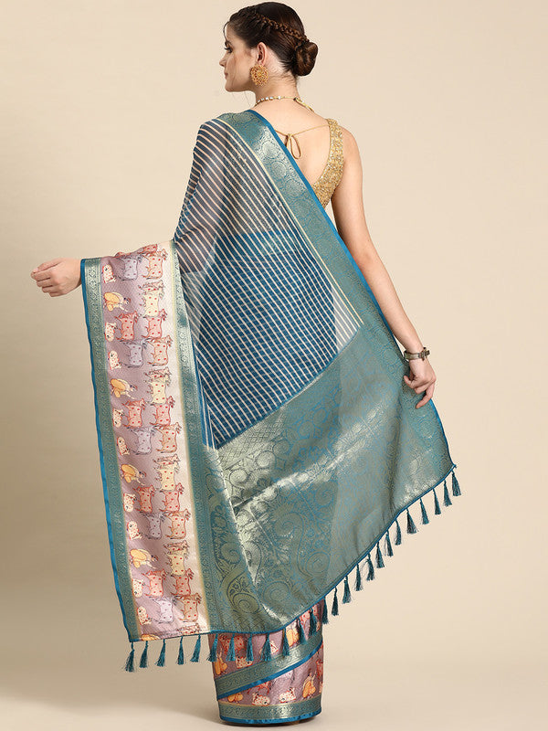 Turquoise Kanjeevaram Silk Digital Print Striped Saree with Unstitched Blouse - Hiral Fashion | Grocsy