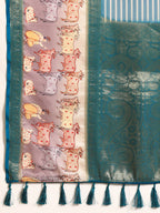 Turquoise Kanjeevaram Silk Digital Print Striped Saree with Unstitched Blouse - Hiral Fashion | Grocsy