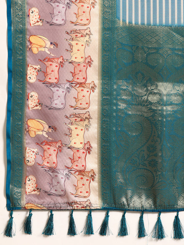 Turquoise Kanjeevaram Silk Digital Print Striped Saree with Unstitched Blouse - Hiral Fashion | Grocsy