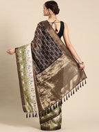 Brown Kanjeevaram Silk Digital Print Geomatric Saree with Unstitched Blouse - Hiral Fashion | Grocsy