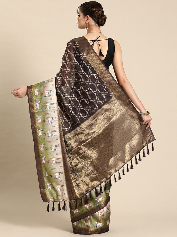 Brown Kanjeevaram Silk Digital Print Geomatric Saree with Unstitched Blouse - Hiral Fashion | Grocsy