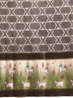 Brown Kanjeevaram Silk Digital Print Geomatric Saree with Unstitched Blouse - Hiral Fashion | Grocsy
