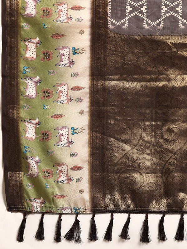 Brown Kanjeevaram Silk Digital Print Geomatric Saree with Unstitched Blouse - Hiral Fashion | Grocsy