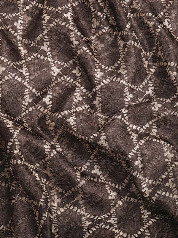Brown Kanjeevaram Silk Digital Print Geomatric Saree with Unstitched Blouse - Hiral Fashion | Grocsy